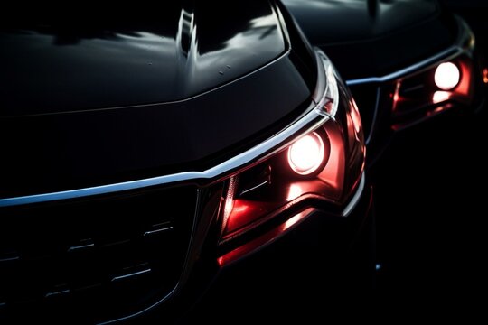 Illuminated car lights emerging from the dark. Generative AI