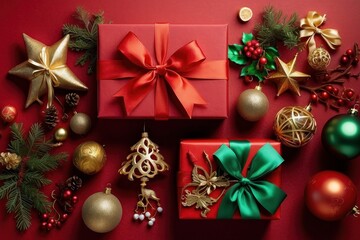 A festive environment with Christmas gifts and decorations on a flat red background. Perfect for holiday marketing and advertising. Green and red gifts are usually predominant.