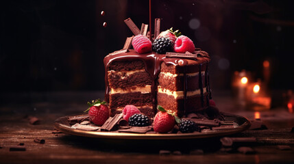Fototapeta na wymiar Dark Food Photography of Chocolate Cake With Fruit Decorations Selective Focus