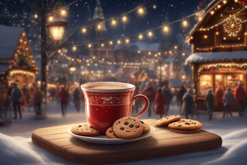 Merry Christmas and happy holidays, a cup of hot drink and cookies on the background of the lights of the Christmas market. AI design - obrazy, fototapety, plakaty