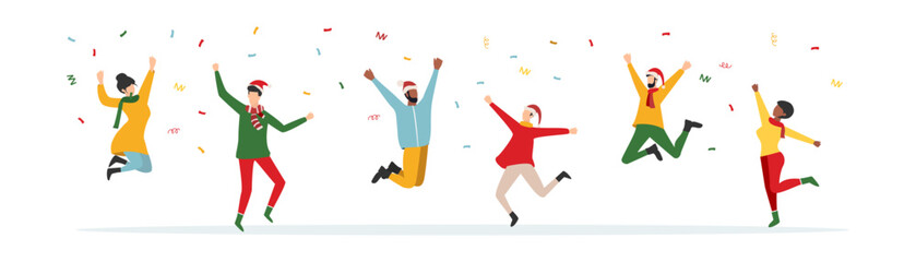 Happy people at a Christmas and New Year's corporate party. Positive men and women dancing and having fun. Set of modern vector characters. - obrazy, fototapety, plakaty