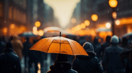 A group of people walking down a city street in the rain. One person is taking shelter under their orange umbrella.