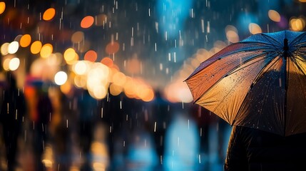 A person holding an umbrella in the rain on a busy street at night - obrazy, fototapety, plakaty