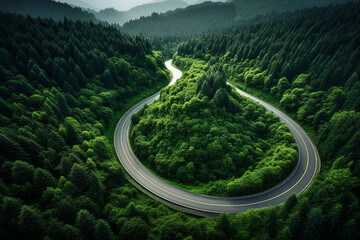 Top view of beautiful curved road in the tall tree forest. - obrazy, fototapety, plakaty