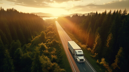 Top view of logistic transport truck on forest road with sun rising background.