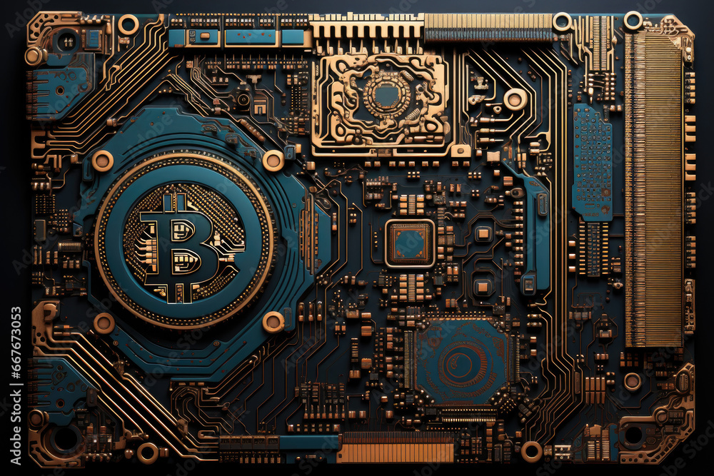 Poster detailed futuristic circuit board with bitcoin symbol, representing cryptocurrency and technology