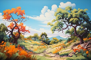 Obraz na płótnie Canvas Vibrant landscape with lush foliage under a clear blue sky. Generative AI