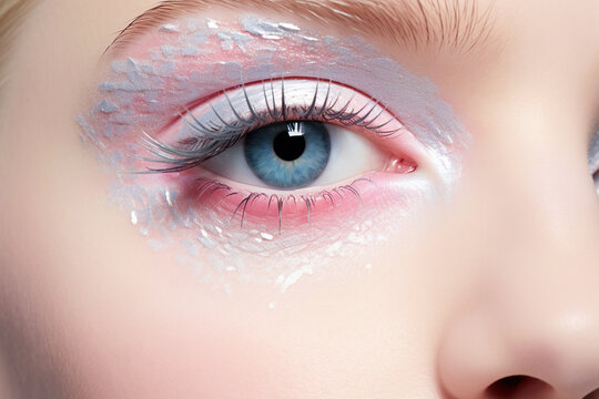Close-up of a Caucasian model's eye with pastel eyeshadow in winter style.