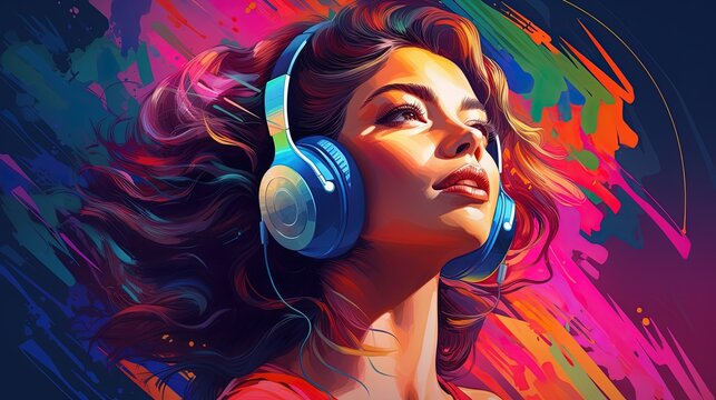 An Illustration of Colorful Portrait of A Person Listening to Music While Wearing Headphones

