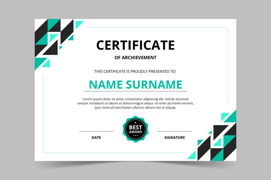 Modern elegant black and green certificate template with geometric shape. Appreciation for business and education. Vector illustration