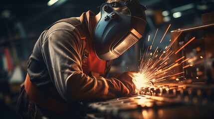 Man worker working with a metal product and welding it with a arc welding machine in a workshop. Industrial manufacturing. Welding metal part in a factory. Orange sparks generative ai - obrazy, fototapety, plakaty