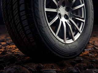A detailed view of a luxurious car wheel with an intricate rim design, highlighting modern automotive elegance.