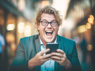 A laughing man in glasses with a phone in his hands, excited about the new information. Emotional humorous, joking portrait.