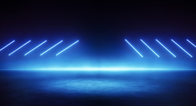 Neon blue room with light beams and blank spotlight stage