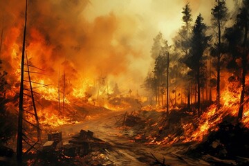 violent forest fire, devastating conflagration, urgent response. Generative AI