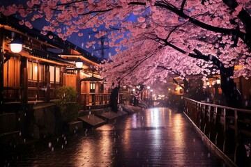 Fototapeta premium Kyoto at night beneath blooming cherry blossoms, with petals filling the sky. Generative AI