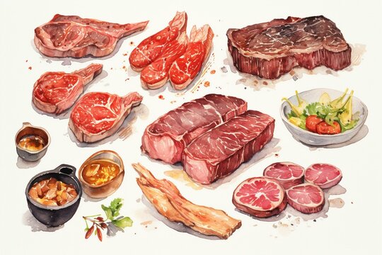 Watercolor-style illustrations of meat cuisine. Generative AI