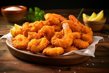 Savory Fried shrimp breaded. Fish food. Generate Ai - obrazy, fototapety, plakaty