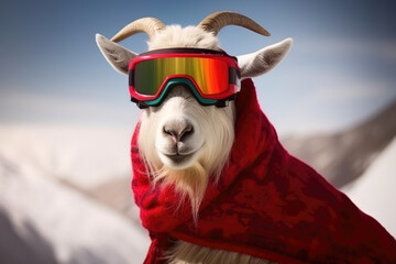 Funny goat in the mountains wearing ski googles and winter clothes - obrazy, fototapety, plakaty