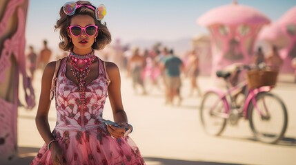 burning man music festival, woman shooting, 16:9, copy space - Powered by Adobe