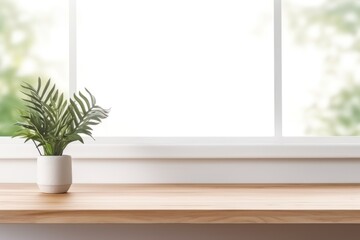 Empty wooden table top, flowers and big window in white interior. Background, mock up, template for montage product display.