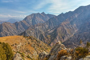 Greater Chimgan scenic view from Sandy Pass trail in Chatkal mountains (Bostanliq district,...