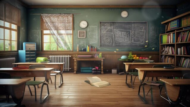back to school classroom with blackboard background with anime or cartoon style. seamless looping time-lapse virtual video animation background.	