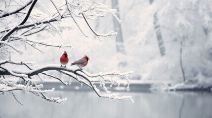 Two cardinals perch on a snowy branch, set against a backdrop of snow-covered trees and a calm lake.