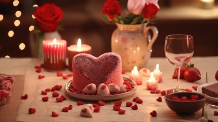 A cozy, romantic setting featuring a heart-shaped cake, glowing candles, fresh roses, and strawberries, accentuated by soft bokeh lights.