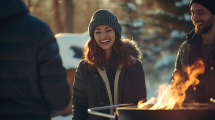 A joyful woman in a winter hat smiles widely, standing near a fire with friends in a snowy forest, with sun casting a soft backlight.