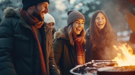 A group of friends laugh together beside a fiery grill in a snowy setting, illuminated by the golden light of dusk. - obrazy, fototapety, plakaty