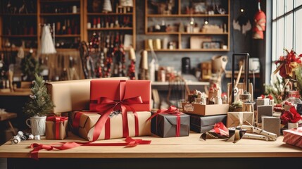 Variety of wrapped Christmas gifts on a wooden table, set against a cozy workshop backdrop filled with festive decorations and crafting tools. - obrazy, fototapety, plakaty