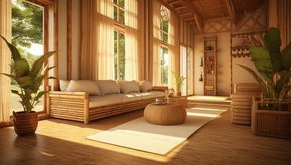 Cozy living room with wooden details and plants against panoramic windows. Ecolodge house interior.