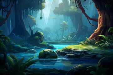 Game 2d platformer background in cartoon style. Forest magic world. Generate Ai