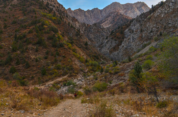 Fototapeta na wymiar Greater Chimgan Mountain and Gulkamsay Canyon scenic view (Bostanliq district, Tashkent region, Uzbekistan)