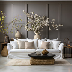 Modern Living Room Interior with White Linen Sofa, Generative AI