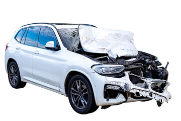 PGN Format, Full body front view of white car get damaged by accident on the road. damaged cars...