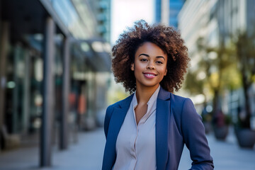 A young woman with curly hair wearing a blue jacket on the street.