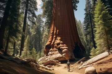 Towering Giant sequoia tree. Green forest nature. Generate Ai