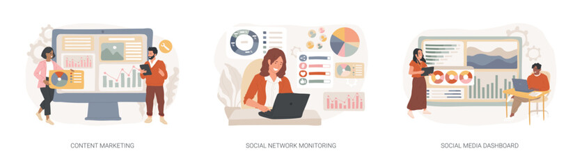 SMM strategy isolated concept vector illustration set. Content marketing, social network monitoring, social media dashboard, digital marketing, user engagement, report analysis vector concept.