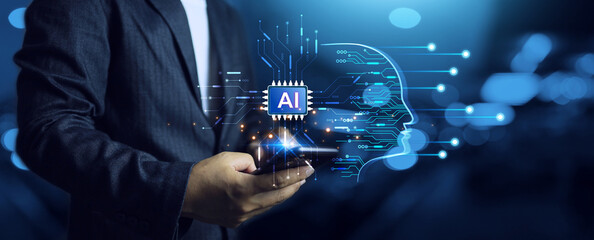 AI command prompt in smartphone and machine learning concept businessman using synchronize...