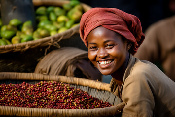 Young coffee picker smiling in background with basket of coffee beans. - obrazy, fototapety, plakaty