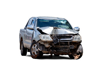 PNG Format of Front and Side view of bronze pickup car get hard damaged by accident on the road....