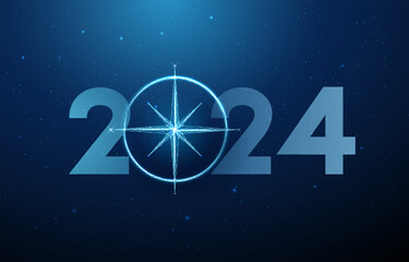 Abstract Happy 2024 New Year greeting card with compass. Low poly style design. Abstract geometric background.