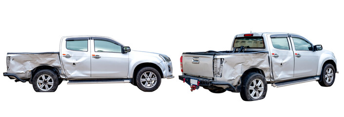 Set of Side view of gray or bronze pickup car get damaged by accident on the road. damaged cars after collision. isolated on transparent background, PNG File format - obrazy, fototapety, plakaty