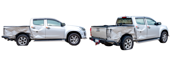 Set of Side view of gray or bronze pickup car get damaged by accident on the road. damaged cars after collision. isolated on transparent background, PNG File format