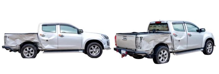 Poster Set of Side view of gray or bronze pickup car get damaged by accident on the road. damaged cars after collision. isolated on transparent background, PNG File format © ISENGARD
