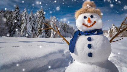 Fototapeta premium funny snowman in snow drifts