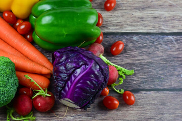 Healthy food background, healthy vegetarian food in paper bags, fruits and vegetables, banner copy...