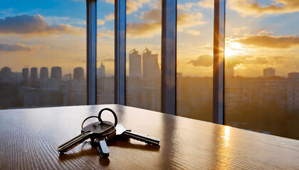 keys on the table in new apartment against the background of sunset and large windows mortgage investment rent real estate property concept - obrazy, fototapety, plakaty
